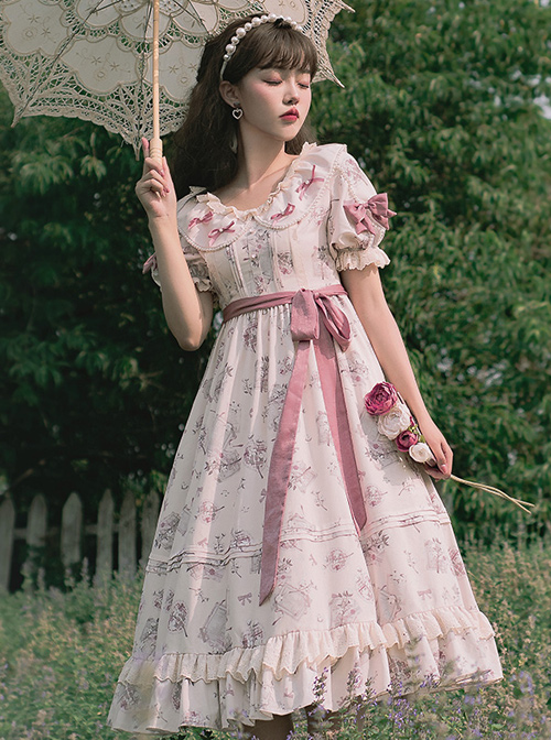 Everlasting Love Series OP Daily Elegant Flowers Printing Classic Lolita Short Sleeve Dress