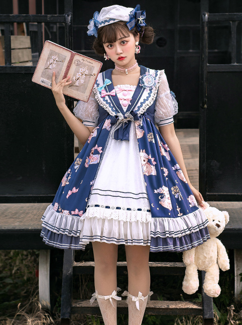 Good Night Fairy Tale Series OP Navy Style Sweet Lolita Short Sleeve Dress