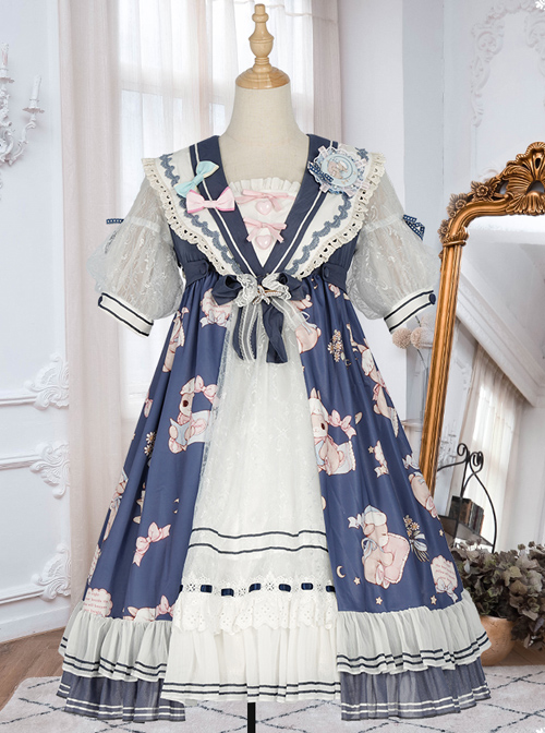 Good Night Fairy Tale Series OP Navy Style Sweet Lolita Short Sleeve Dress