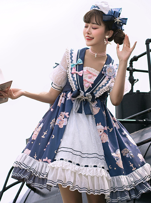 Good Night Fairy Tale Series OP Navy Style Sweet Lolita Short Sleeve Dress