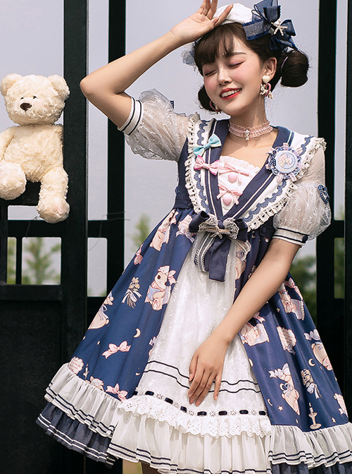 Good Night Fairy Tale Series OP Navy Style Sweet Lolita Short Sleeve Dress