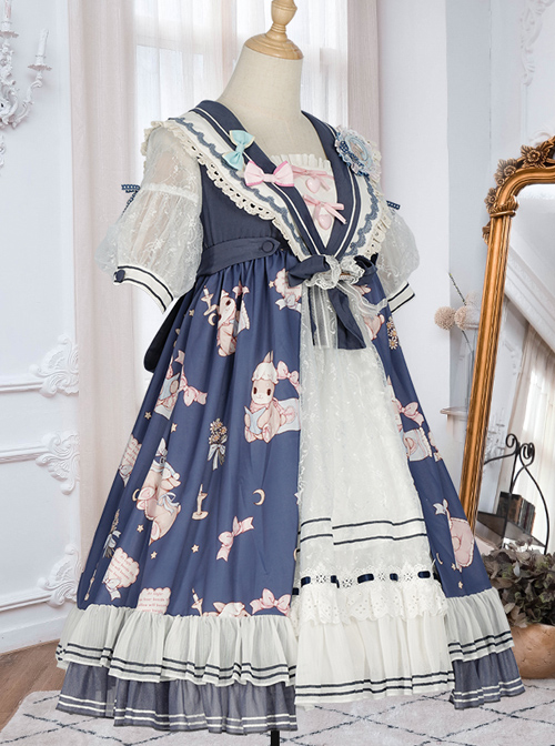 Good Night Fairy Tale Series OP Navy Style Sweet Lolita Short Sleeve Dress