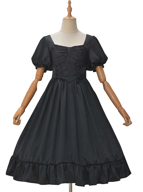 Fog Lights Series OP Retro Elegant Pure Color Classic Lolita High Waist Short Sleeve Dress