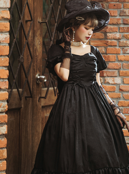 Fog Lights Series OP Retro Elegant Pure Color Classic Lolita High Waist Short Sleeve Dress