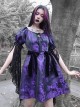 Tassel Binding Band Bowknot Purple Jacquard Gothic Puff Sleeve Dress