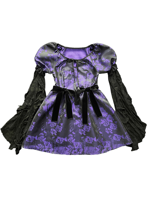 Tassel Binding Band Bowknot Purple Jacquard Gothic Puff Sleeve Dress