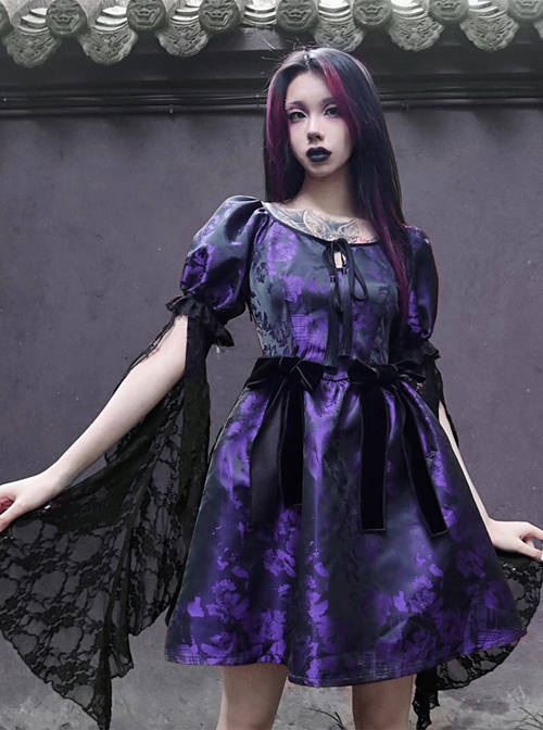 Tassel Binding Band Bowknot Purple Jacquard Gothic Puff Sleeve Dress