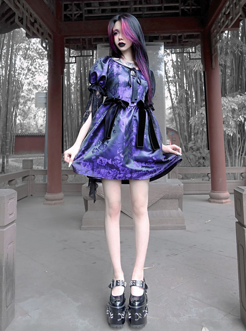 Tassel Binding Band Bowknot Purple Jacquard Gothic Puff Sleeve Dress