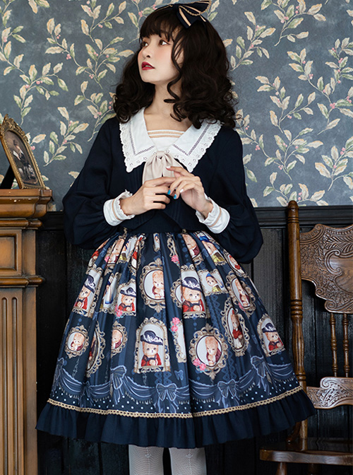 Bear Gallery Series Cute Printing School Lolita Top And Skirt Set