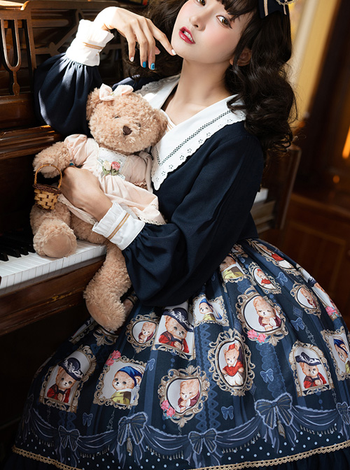 Bear Gallery Series Cute Printing School Lolita Top And Skirt Set