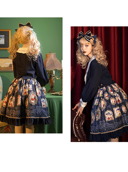 Bear Gallery Series Cute Printing School Lolita Top And Skirt Set