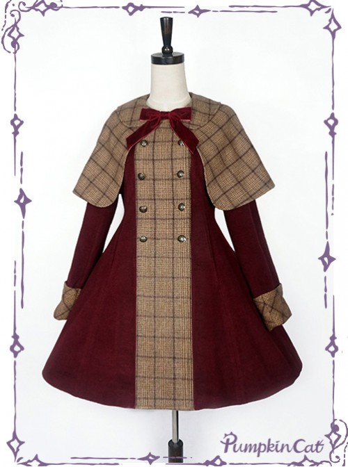 Detective Style Wine Red Coat Brown Cloak Lolita Full-set