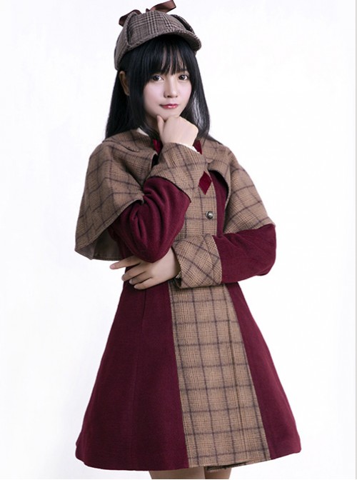 Detective Style Wine Red Coat Brown Cloak Lolita Full-set