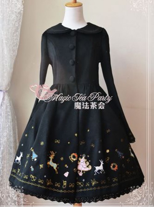 Christmas Morning Light Embroidery Black Classic Lolita Overcoat