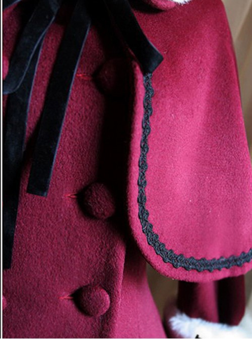 Wine Red Woolen Skirt Hem Classic Lolita Long Coat