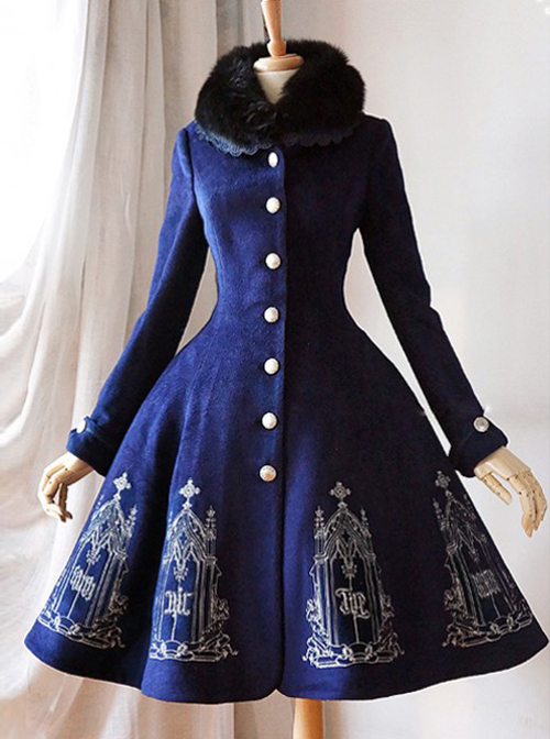 Silver Thread Embroidered Navy Blue Classic Lolita Wool Coat