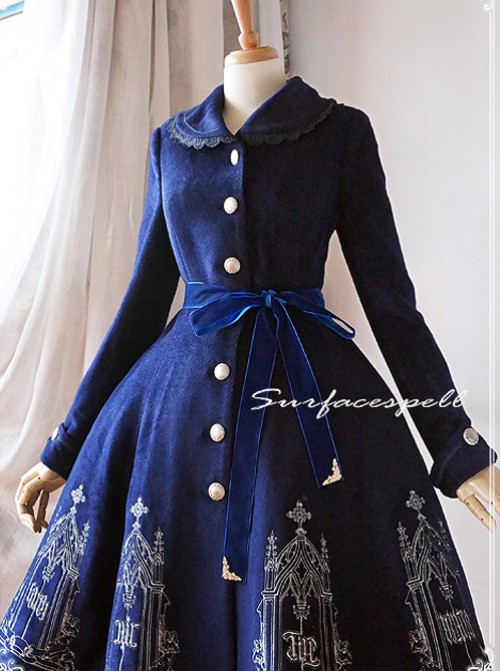 Silver Thread Embroidered Navy Blue Classic Lolita Wool Coat