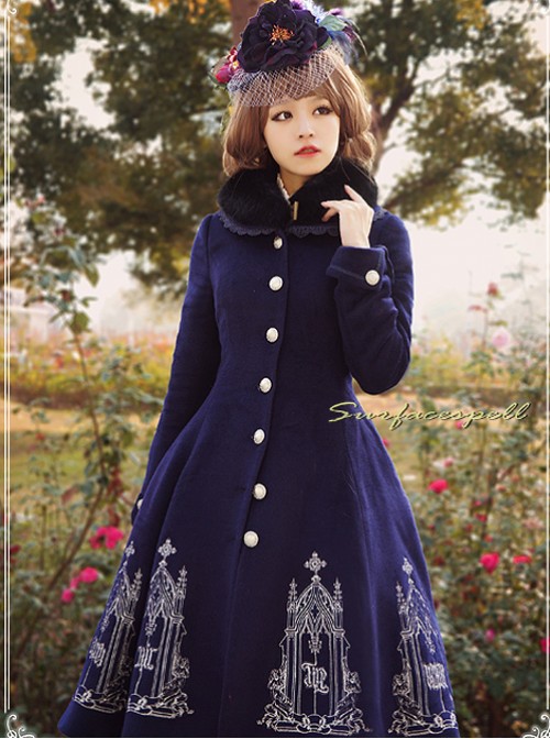 Silver Thread Embroidered Navy Blue Classic Lolita Wool Coat