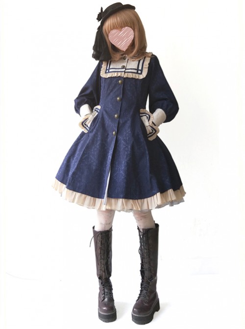 College Style Doll Collar Dark Blue Lolita Wind Coat