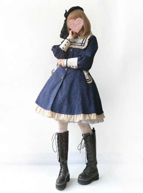 College Style Doll Collar Dark Blue Lolita Wind Coat