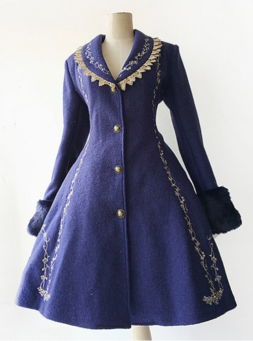 Cinderella Embroidery Version Dark Blue Lolita Winter Thickening And Cashmere Overcoat