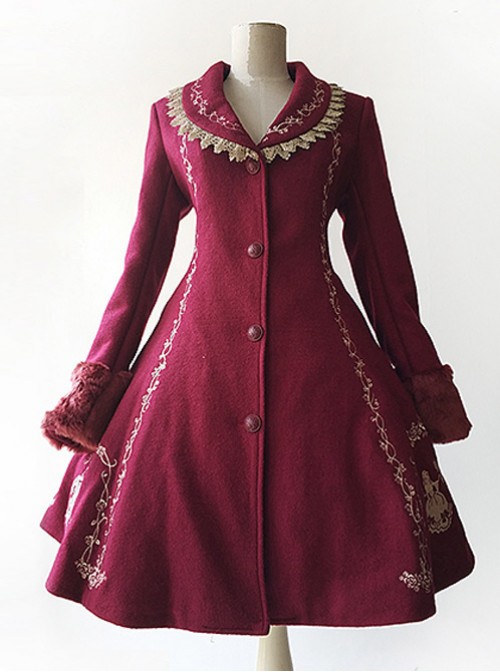 Cinderella Embroidery Version Wine Red Lolita Winter Thickening And Cashmere Overcoat