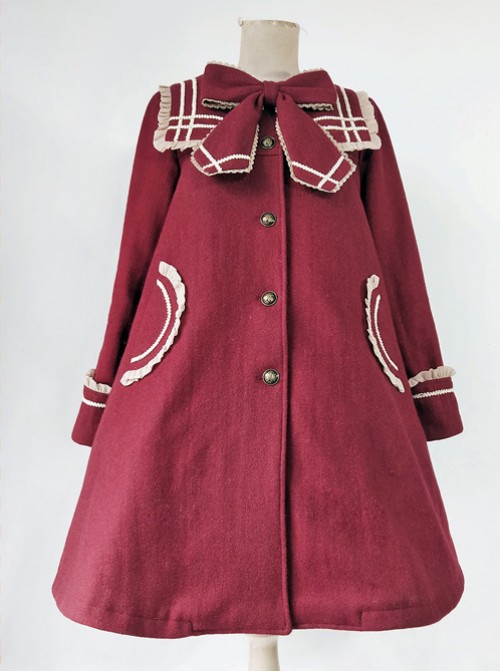 College Style Bowknot Wine Red Navy Collar Lolita Coat