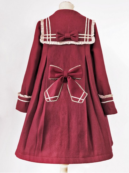 College Style Bowknot Wine Red Navy Collar Lolita Coat