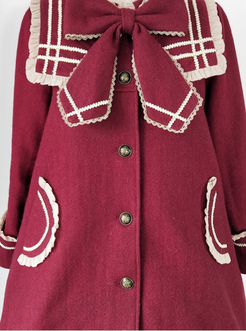 College Style Bowknot Wine Red Navy Collar Lolita Coat