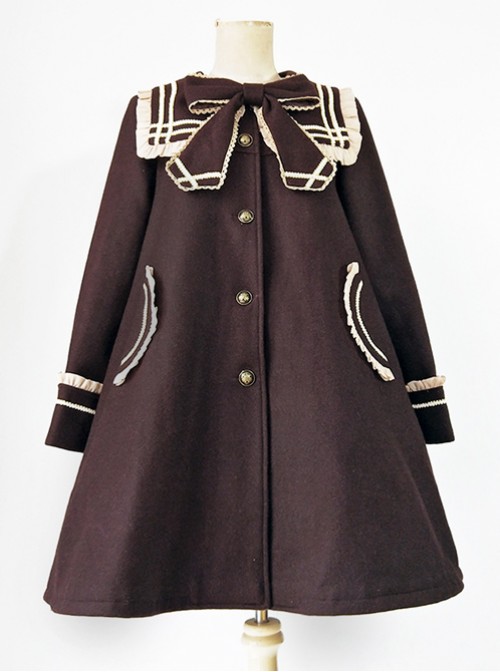 College Style Bowknot Brown Navy Collar Lolita Coat
