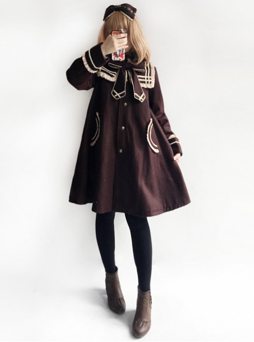 College Style Bowknot Brown Navy Collar Lolita Coat