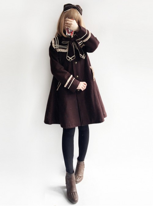 College Style Bowknot Brown Navy Collar Lolita Coat