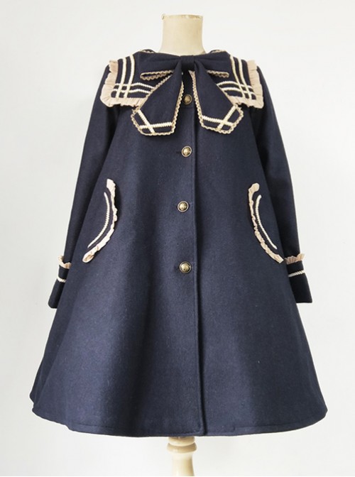 College Style Bowknot Navy Blue Navy Collar Lolita Coat