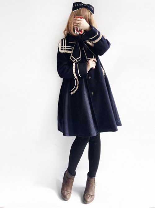 College Style Bowknot Navy Blue Navy Collar Lolita Coat