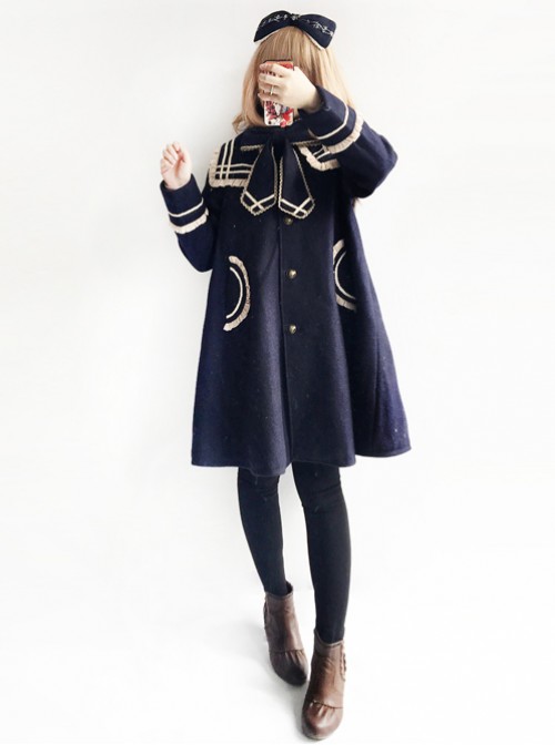 College Style Bowknot Navy Blue Navy Collar Lolita Coat