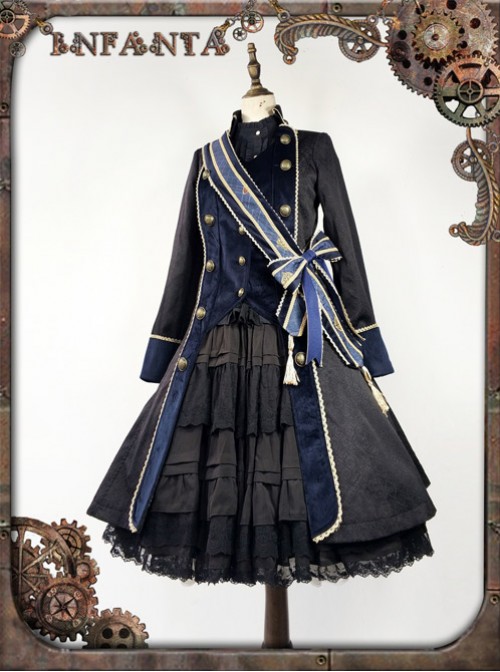 At Dusk Series Fake Two Pieces Navy Blue Gothic Lolita Coat