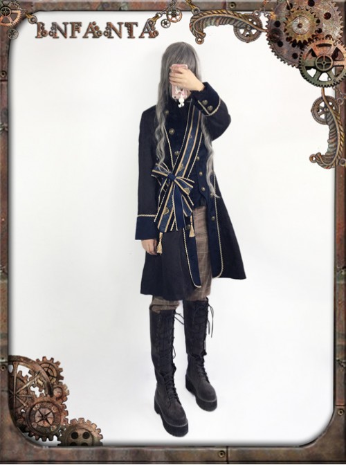 At Dusk Series Fake Two Pieces Navy Blue Gothic Lolita Coat