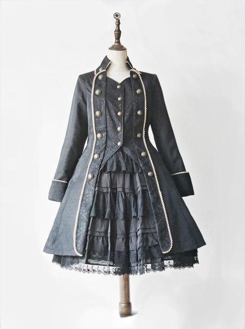 At Dusk Series Fake Two Pieces Black Gothic Lolita Coat