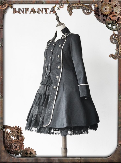 At Dusk Series Fake Two Pieces Black Gothic Lolita Coat
