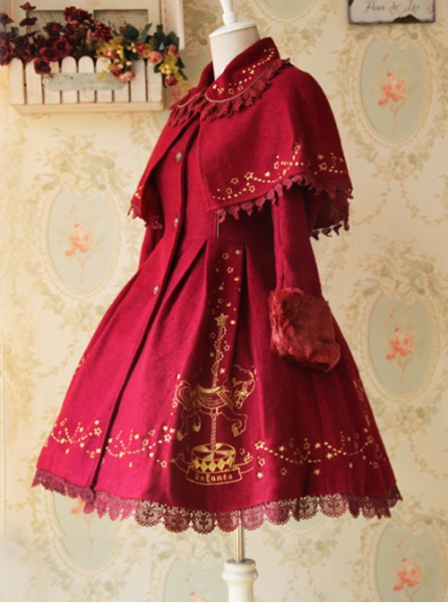 Carousel Series Golden Thread Embroidery Red Plus Cashmere Lolita Coat