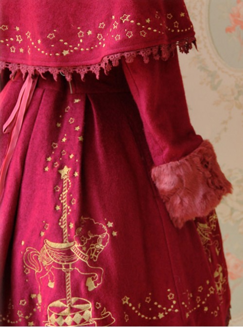 Carousel Series Golden Thread Embroidery Red Plus Cashmere Lolita Coat