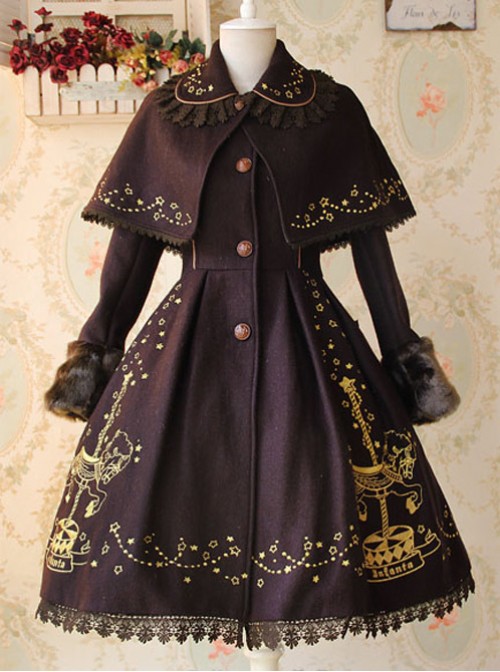 Carousel Series Golden Thread Embroidery Brown Plus Cashmere Lolita Coat