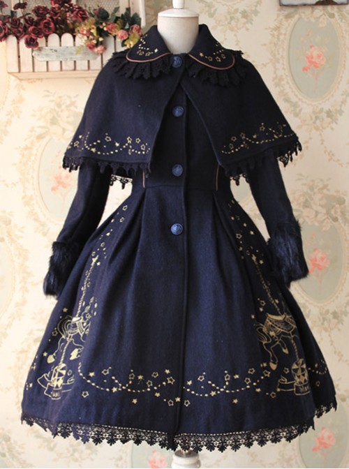 Carousel Series Golden Thread Embroidery Navy Blue Plus Cashmere Lolita ...