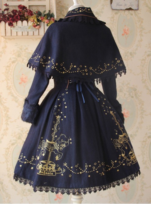 Carousel Series Golden Thread Embroidery Navy Blue Plus Cashmere Lolita Coat