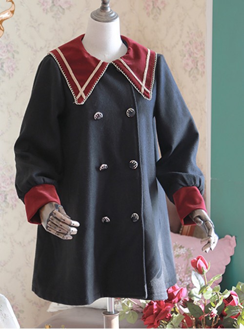 College Style Black Pointed Collar Lolita Thickened Coat