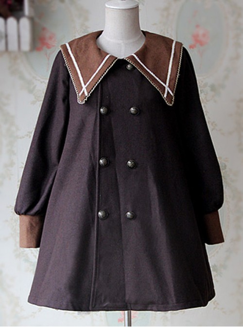 College Style Coffee Color Pointed Collar Lolita Thickened Coat
