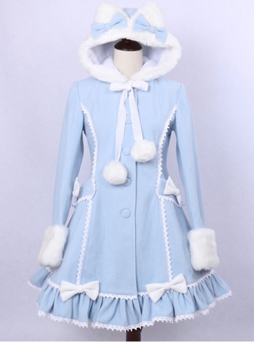 Sky Blue Lace Cute Hooded Sweet Lolita Winter Coat For Women