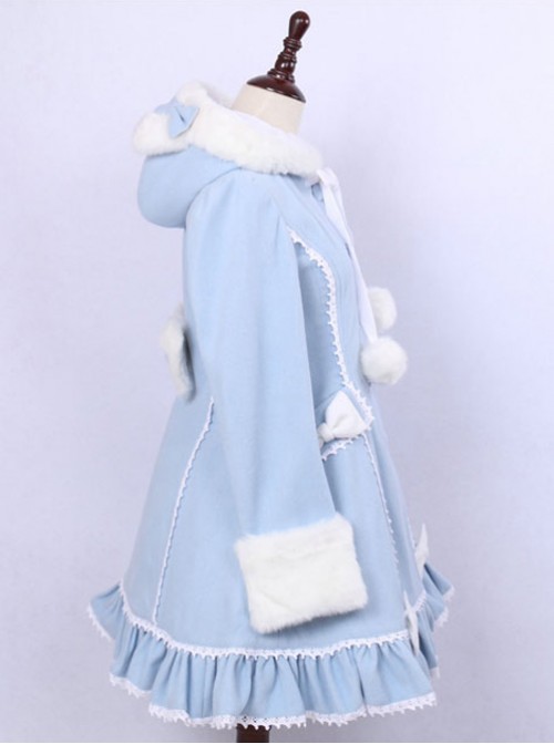 Sky Blue Lace Cute Hooded Sweet Lolita Winter Coat For Women