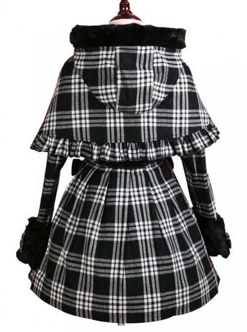 Double-breasted Black Lattices Cute Lolita Women Winter Woolen Hooded Coat