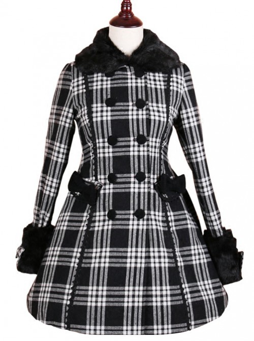 Double-breasted Black Lattices Cute Lolita Women Winter Woolen Hooded Coat